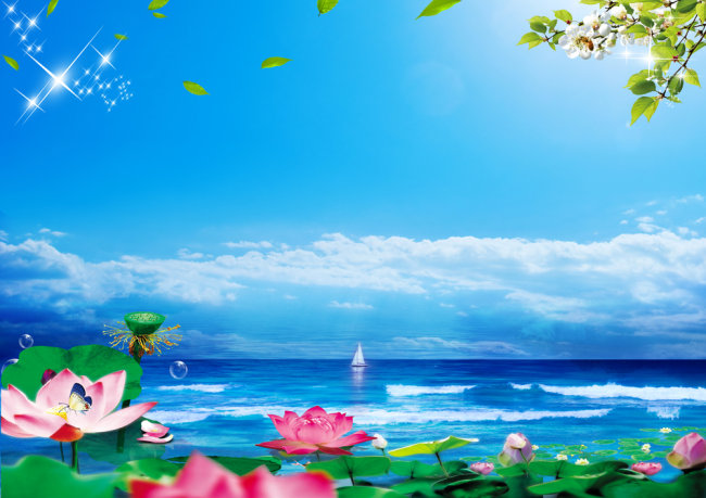 蓝天白云大海花朵图片图片