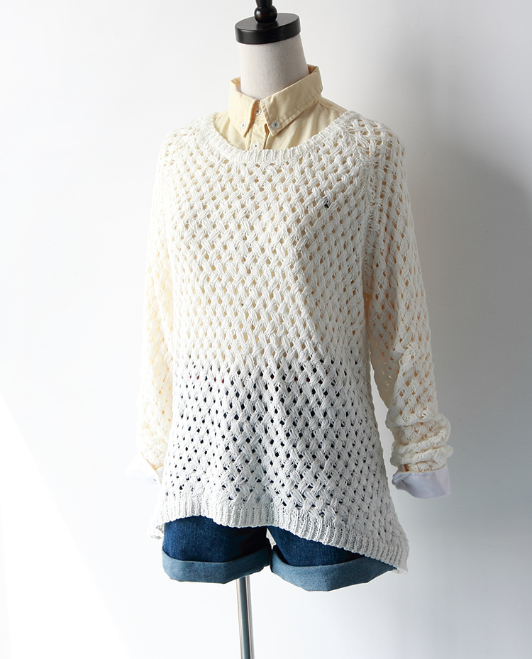 guop三色渔网编织前短后长罩衫/毛衣