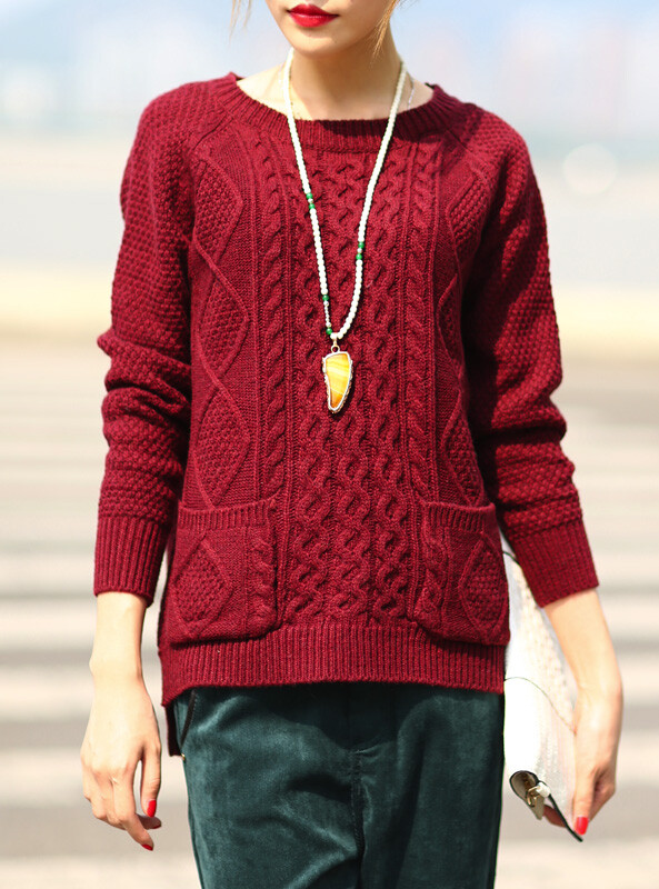 独家麻花棒针女士毛衣女长袖复古宽松大毛衣有口袋