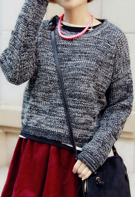 秘家 韩国新款女装 复古花色毛线宽松款套头短款长袖针织毛衣 女