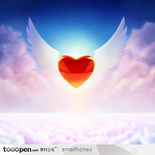 蓝天白云与爱心形翅膀唯美图片素材,心形太阳高清图片