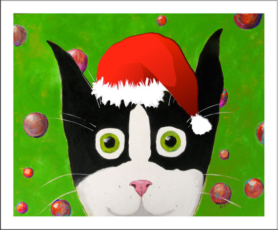christmas holiday cat art - tuxedo cat in santa hat - blank note