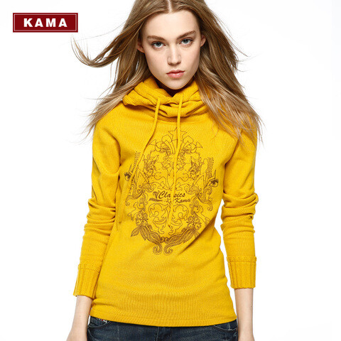kama 卡玛 冬季女士时尚印花百搭套头休闲连帽针织衫 7411454