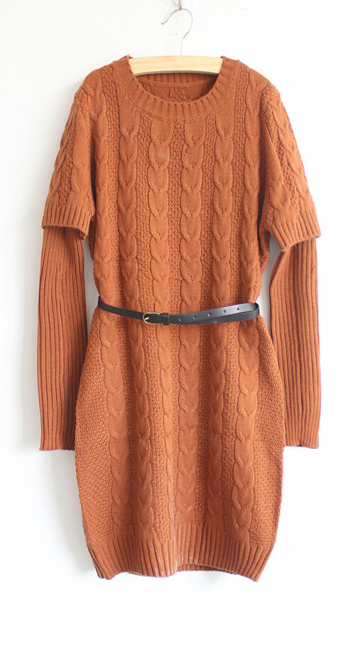 玲珑阁阁韩版名媛时尚麻花毛线连衣裙 拼接袖针织打底裙秋冬新款