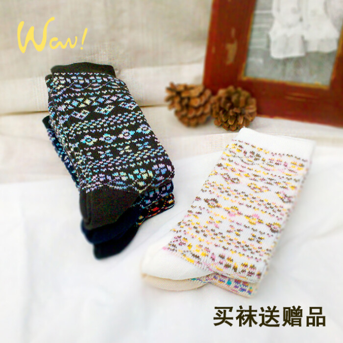 6双包邮韩国堆堆袜日系复古森女袜提花图案短袜日本编织袜子赠品
