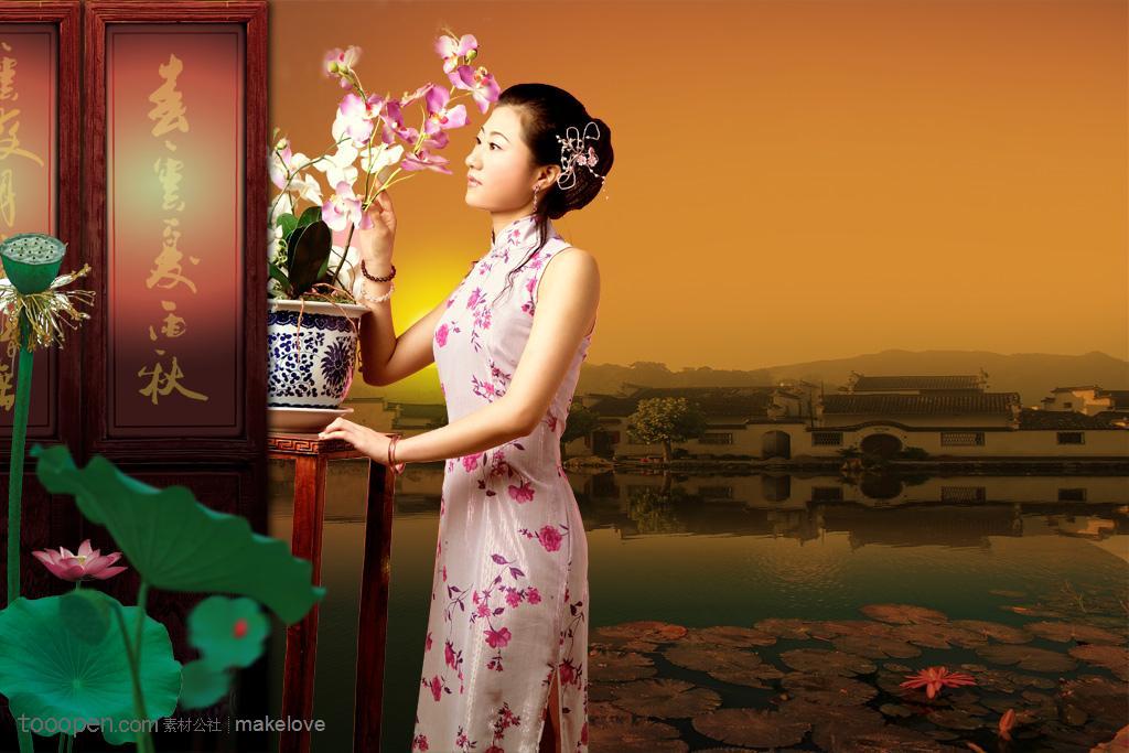 中国风--在赏花穿旗袍的江南古典美女