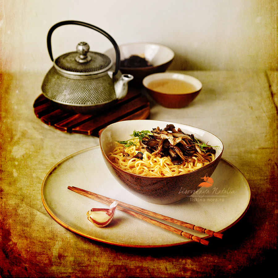 photograph noodles with oyster mushrooms by natalia lisovskaya