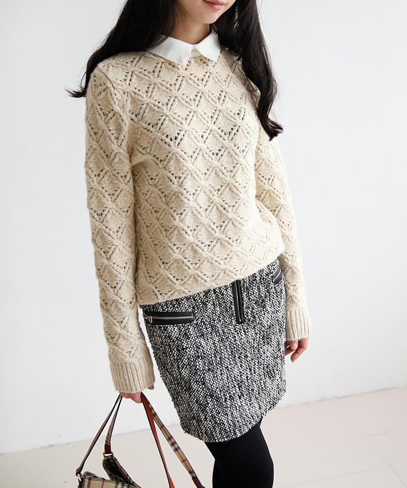 款毛衣翻领长袖宽松杂线毛衣套头针织打底毛衣女