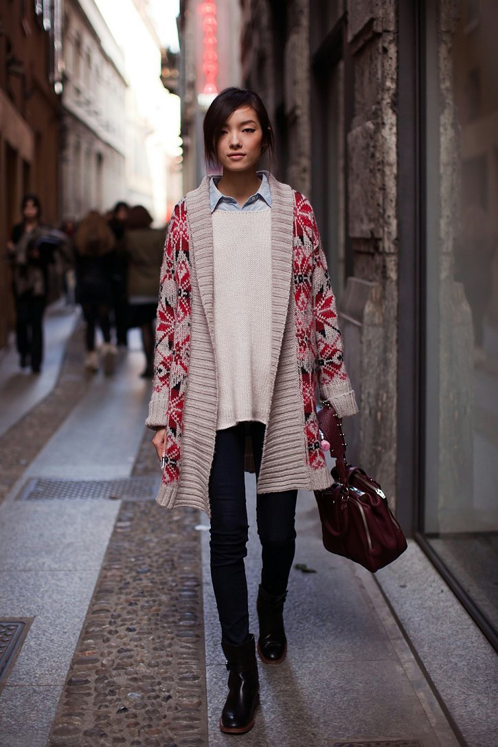 雪花图案的的长款针织开衫,随性,大方,适合高个mm呢