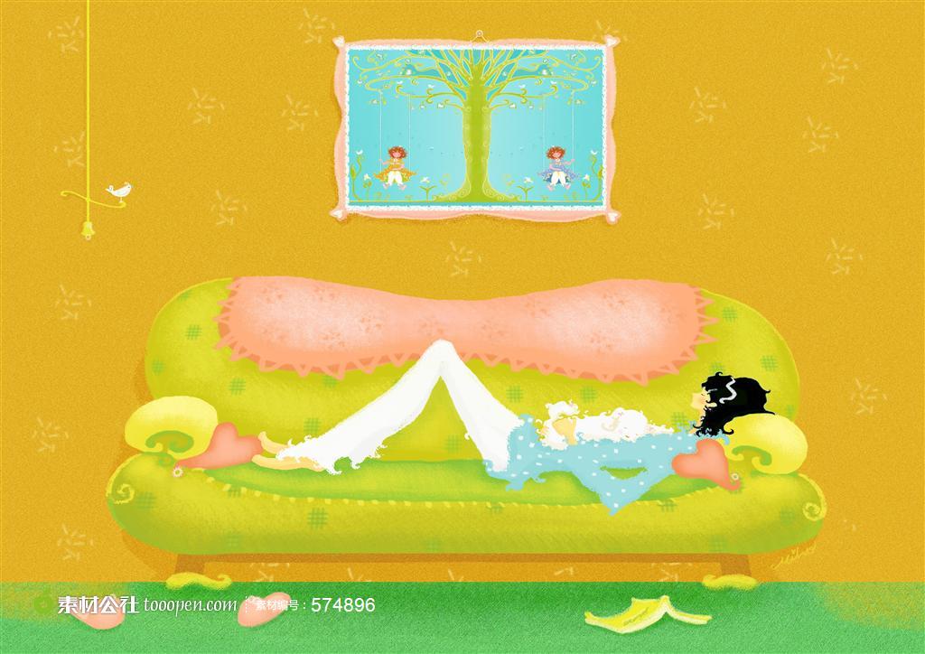 橘色壁纸前躺在沙发上的女孩抱着她的宠物插画下载,现在加入素材公社