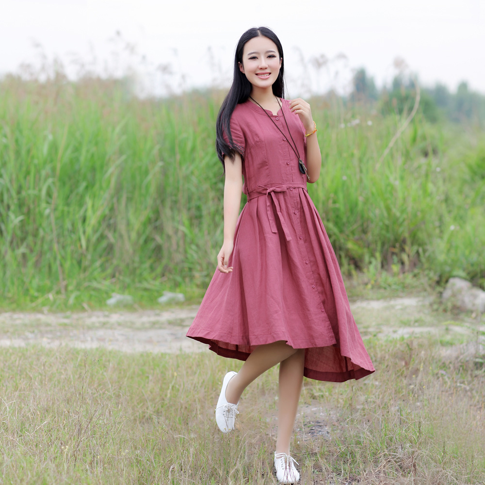 红念 文艺不规则女款连衣裙 夏装棉麻裙子夏季女装