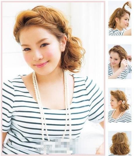 花环式编发造型 第一步,将头顶两侧的头发卷曲.