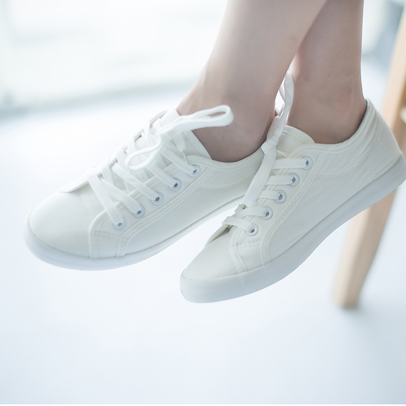 优森活小清新文艺女式白鞋 帆布系带运动鞋 韩版纯白平跟鞋