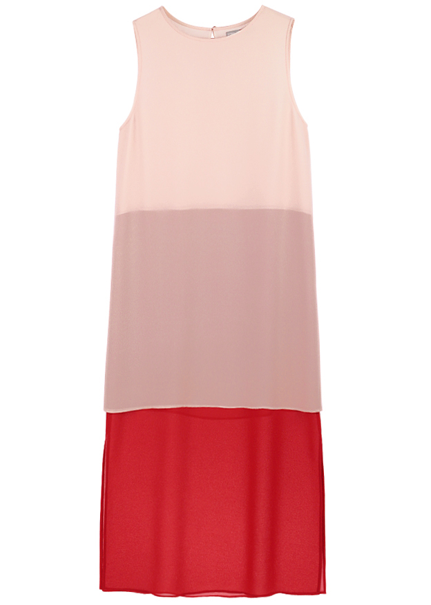 new 淡粉色和红色 简洁大气 拼色连衣裙 雪纺及踝长裙
