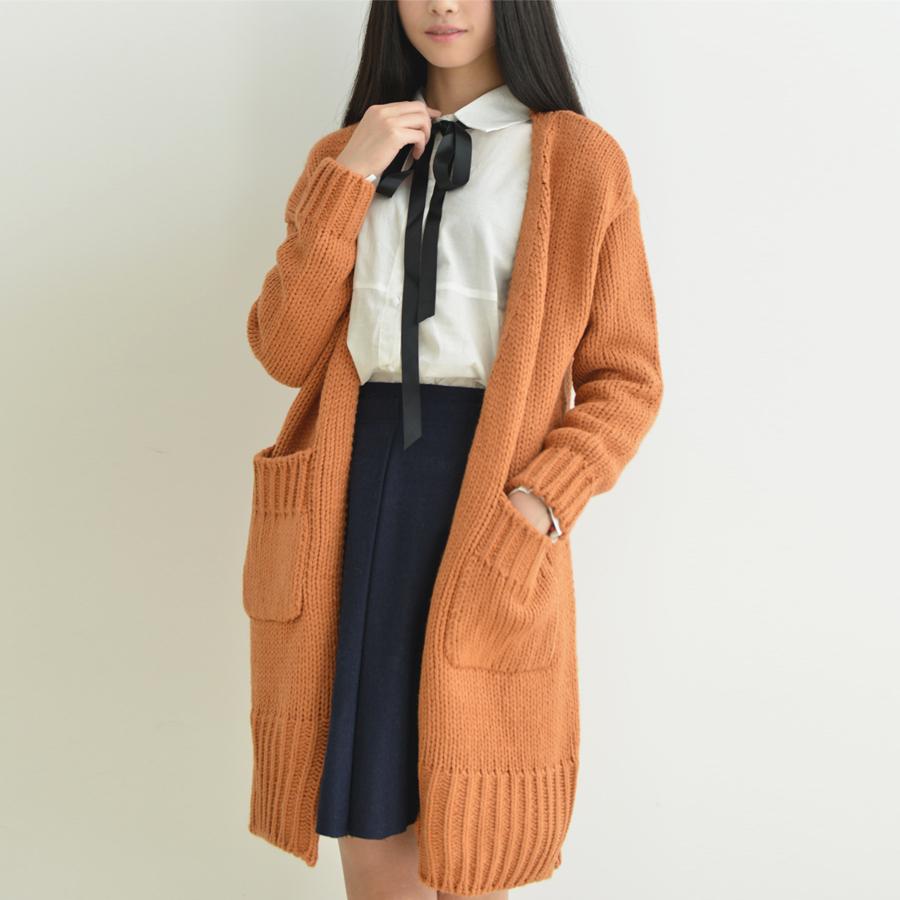 小秋同学 m547韩版森林系粗棒针长款毛线口袋开衫外套