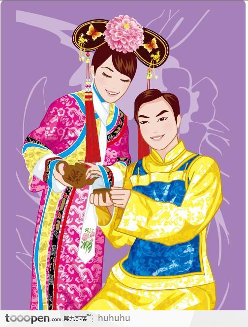 穿着满族服饰的中国传统新婚夫妇