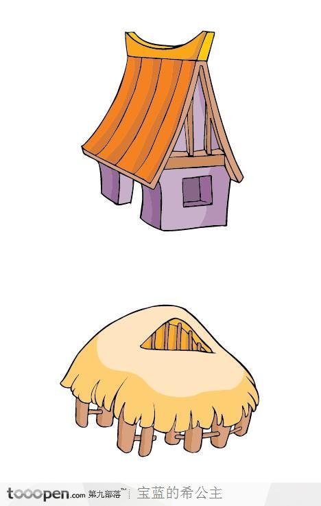 中国风卡通建筑-茅草木头简易房子