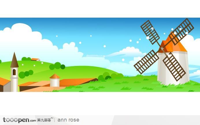 卡通房子风车插画素材
