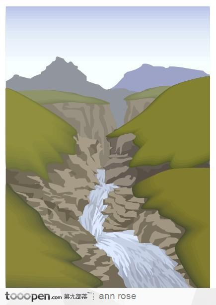 山间的岩石小溪流插画素材