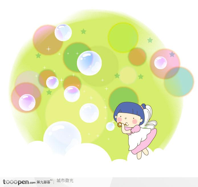 可爱女童插画-吹泡泡的精灵女孩