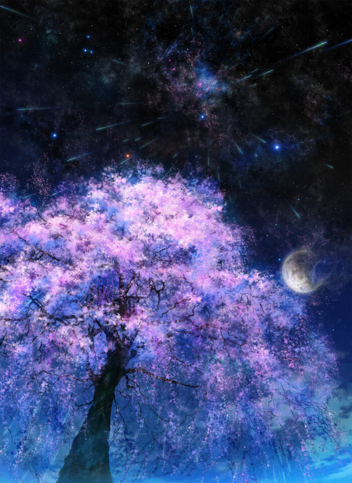 星空画樱花树油画图片