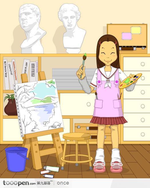 搞笑女生插画之美术课上绘画的女学生