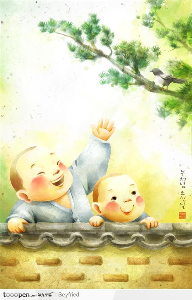 手绘僧侣插画-爬到院墙上看松树小鸟的两个小和尚