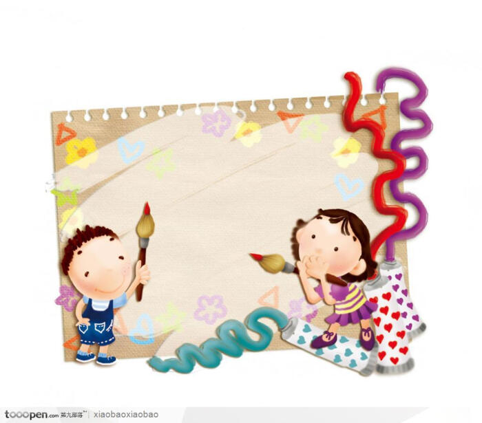 手绘插画风格信纸相框素材之画画的小朋友