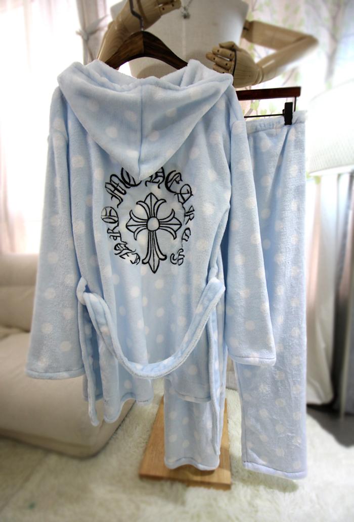 水玉克罗心浴袍套装法兰绒长袖长裤款睡衣女士冬季宽松休闲起居服