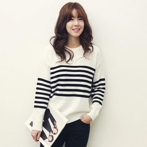 n9 秋冬新 naning9韩国官网女装 休闲条纹百搭套头针织衫