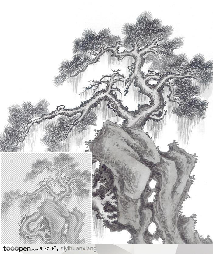 水墨松树石头山水画图片