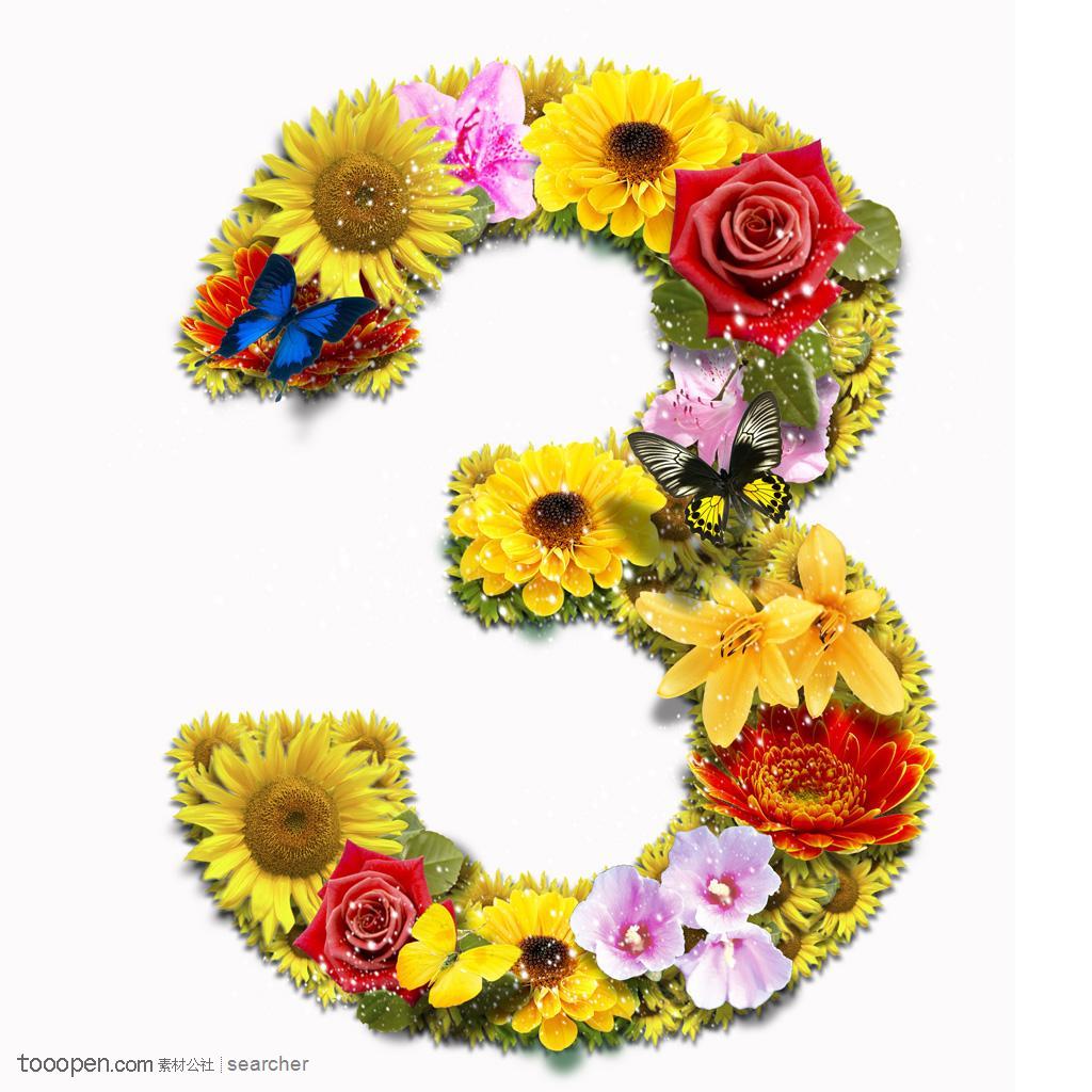 鲜花艺术字体设计-鲜花拼成的数字3