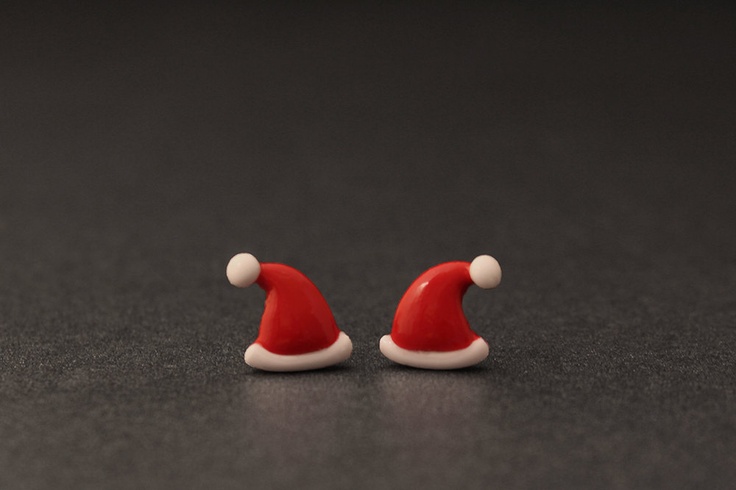 santa hat earrings, christmas cute studs, polymer clay holiday