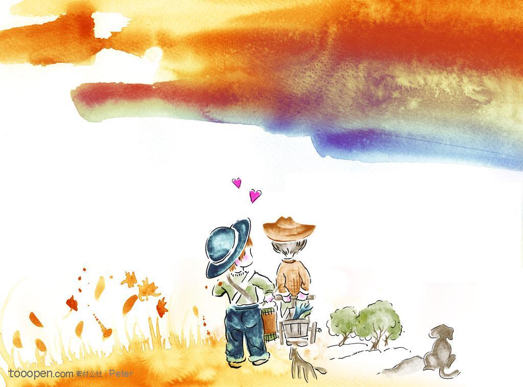 手绘水墨画之骑着自行车玩耍的儿童-堆糖,美好生活研究所