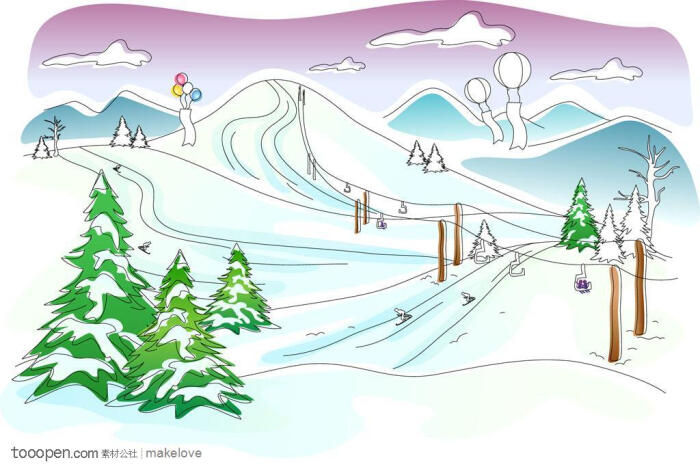 手绘卡通雪景-大雪过后在滑雪的人
