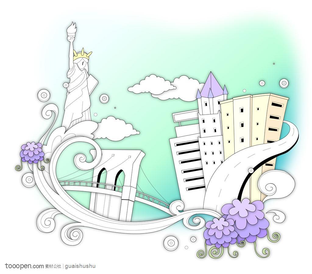 特色建筑简笔画美国自由女神像 简笔美国大桥城市卡通图片