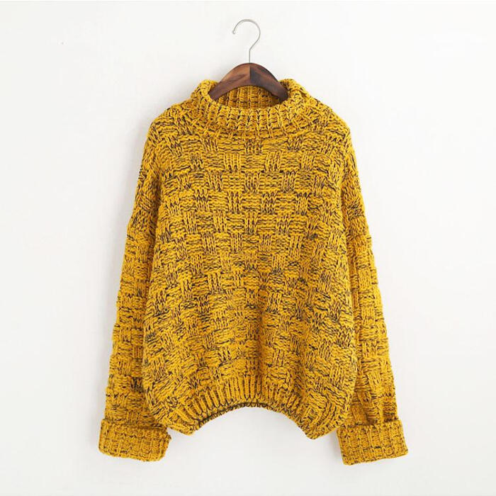 秋冬时尚百搭高领加厚棒针粗毛线杂色宽松套头毛衣女