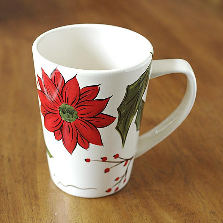 玫瑰罗曼 欧式田园手工彩绘陶瓷杯子水杯 圣诞红绿马克杯