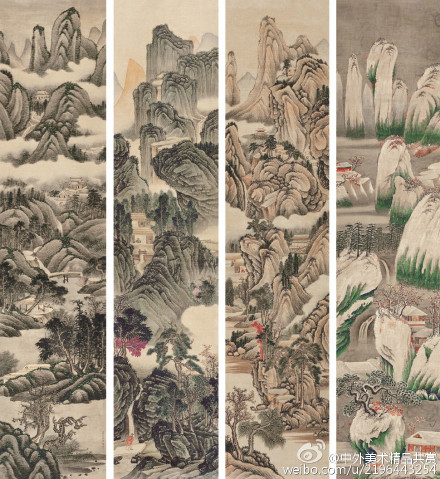 张宗苍《山水四屏》—— 纸本设色,清代张宗苍国画作品