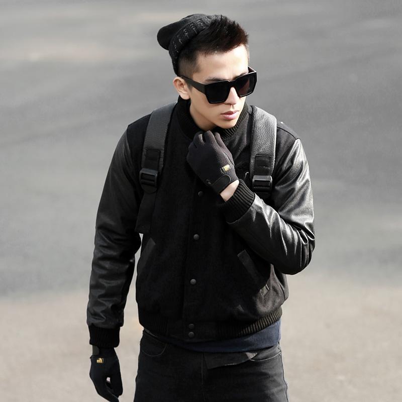 首席名模男士韩版潮夹棉棒球服黑色夹克短款拼皮加厚毛呢子外套秋