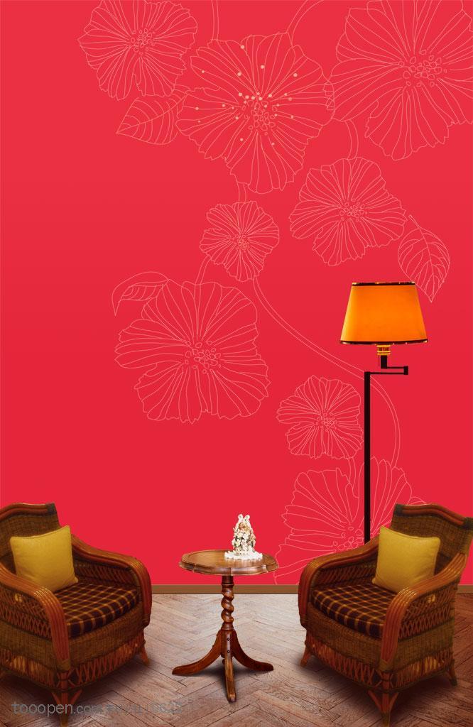 红色墙壁背景橙色台灯木质桌椅家居装饰