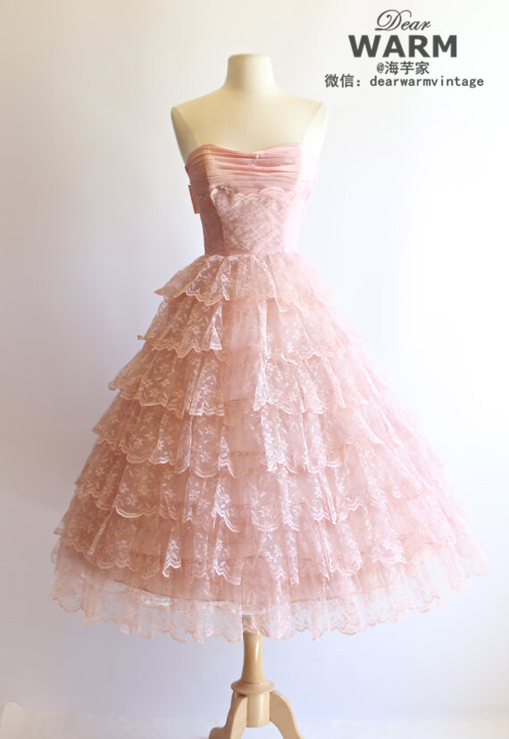 vintage 1950s 粉色蕾丝蛋糕裙摆古董礼服