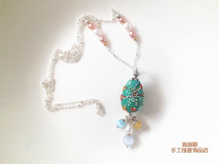 定制[泡泡眼]软陶首饰diy 纯手工制作创意吊坠项链 镀白k毛衣链 原创