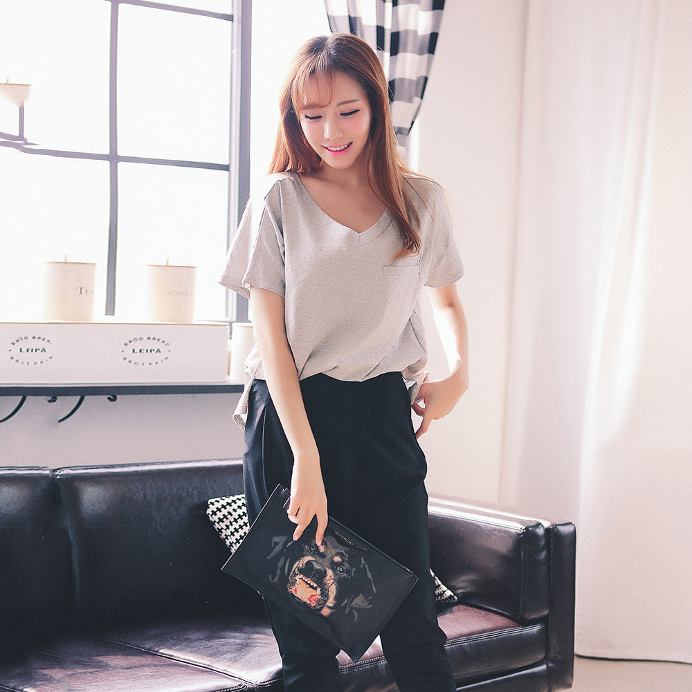 清新文艺v领短袖t恤女夏2015新款女士夏装纯色t恤休闲纯棉打底衫