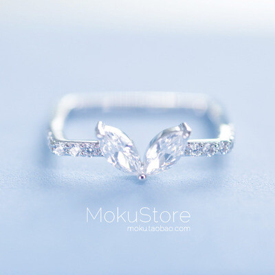 定制mokustore●分享●精工镀白金镶锆石 方形戒圈小叶子 戒指[浅草]