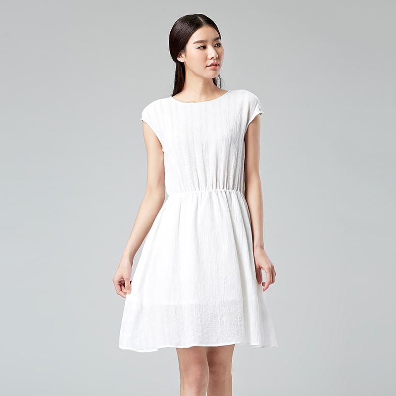初棉连衣裙2015夏装圆领纯棉连衣裙女夏季纯色提花气质中长裙