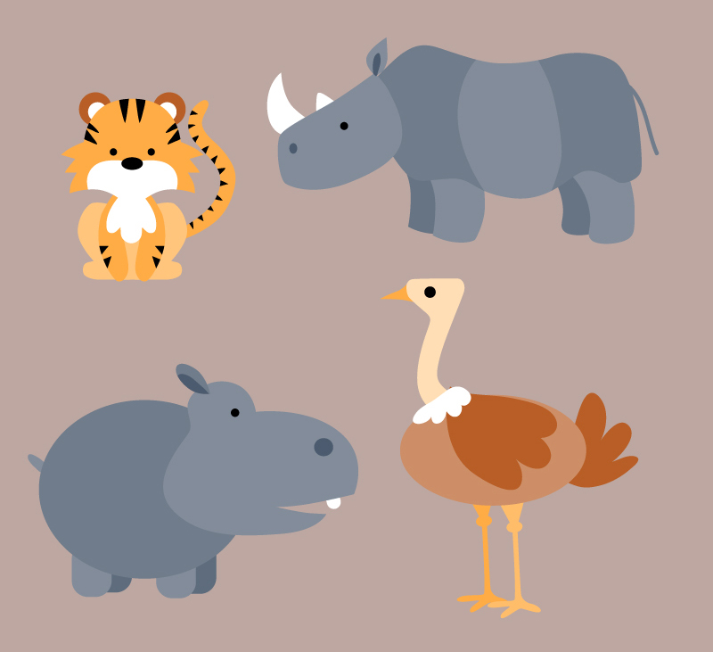 4款卡通野生动物矢量素材,素材格式:ai,素材关键词:动物,犀牛,河马