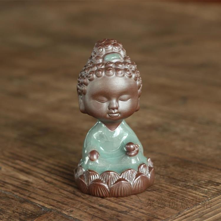 东篱哥窑茶宠摆件 陶瓷茶玩 超萌释迦牟尼如来佛坐莲花