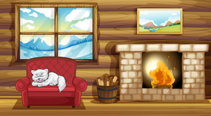 卡通冬季温暖木屋矢量素材,素材格式:eps,素材关键词:猫,冬季,沙发