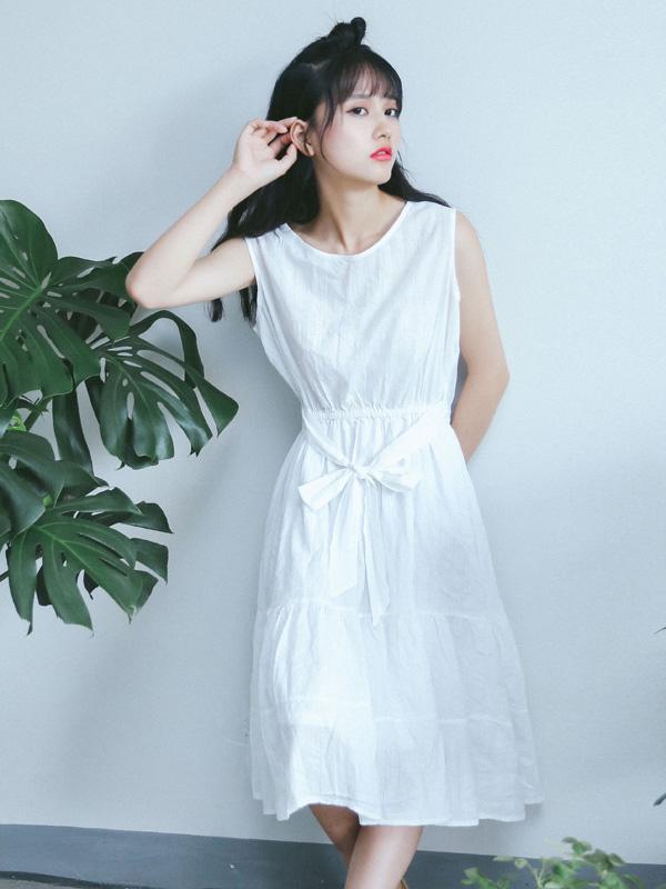 茧笙植物计划森系甜美风 无袖蝴蝶结修身连衣裙 学院风少女裙